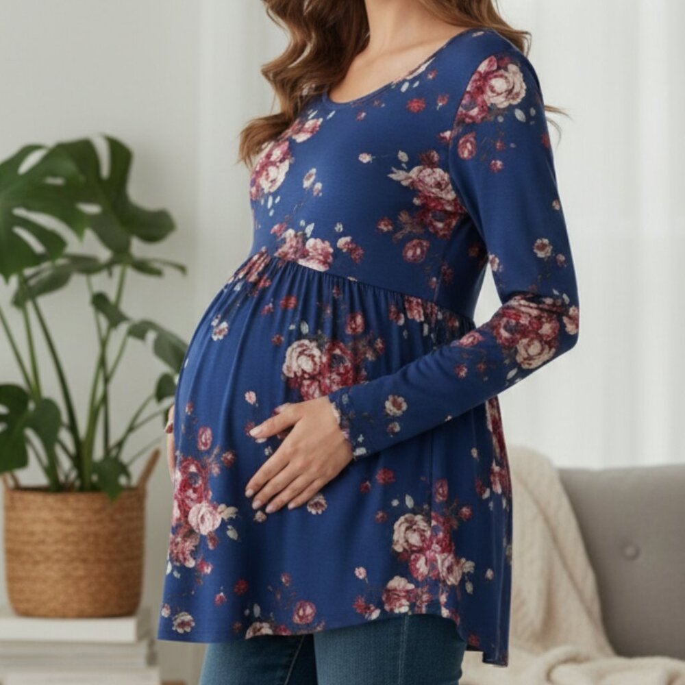Floral Babydoll Tunic Top Unbranded Navy Blue Rayon Blend Size L Large